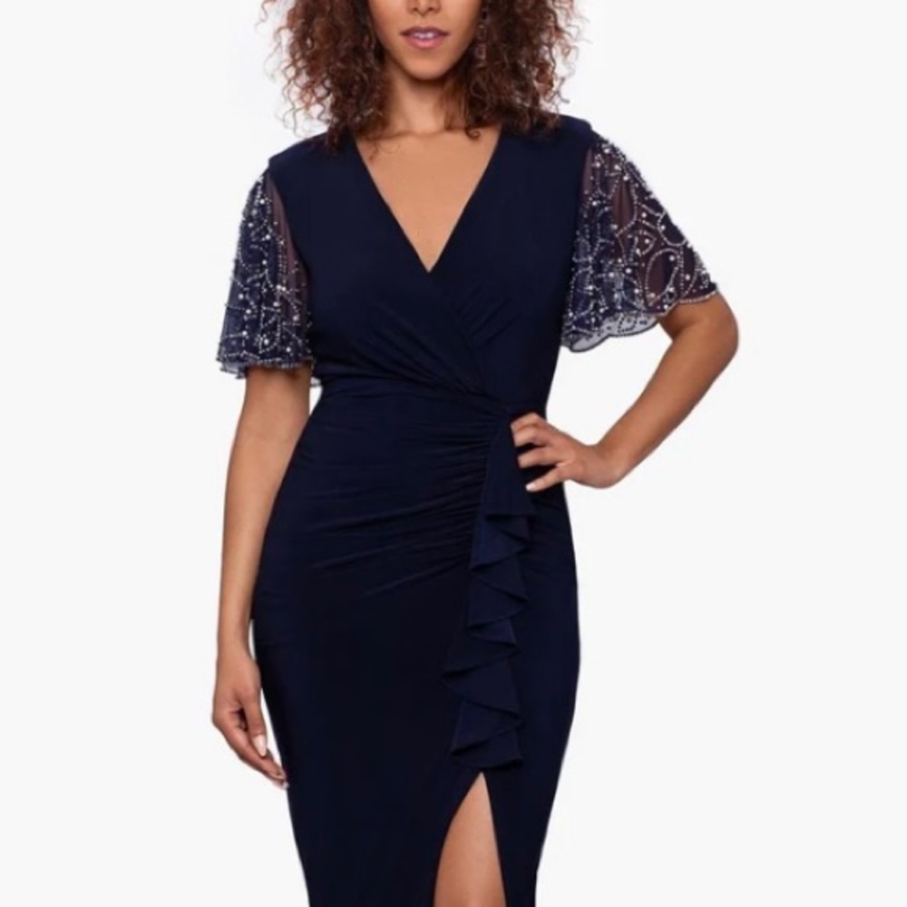 BETSY & ADAM Plus Beaded Flutter Sleeve V-Neck Ruffled Slit Gown in Navy/Silver - Picture 3 of 5